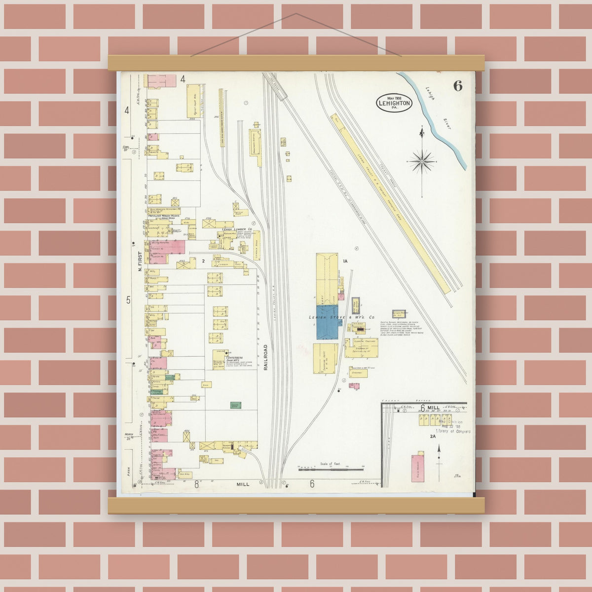 Old map wall art mockup — magnetic wood frame on brick wall — Sanborn Fire Insurance Map from Lehighton, Carbon County, Pennsylvania (1908), Sheet #0006