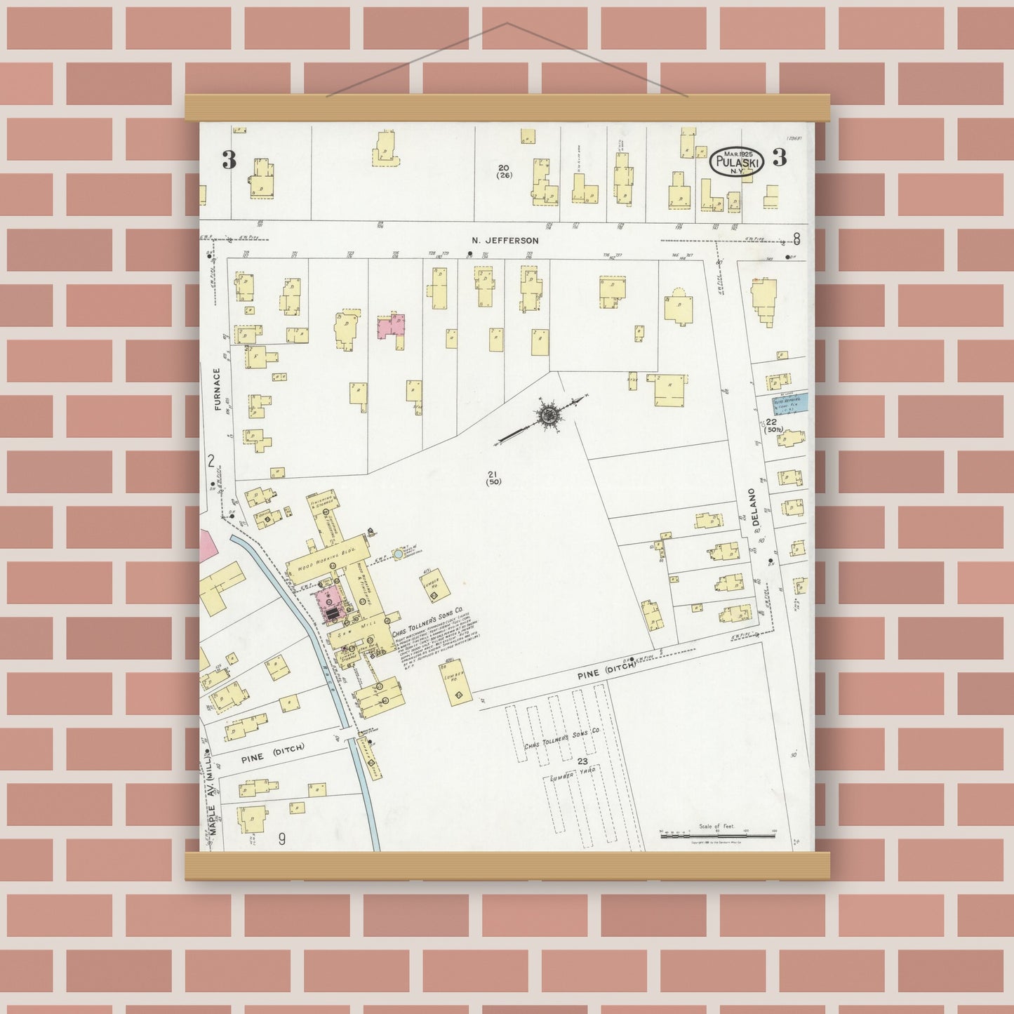 Old map wall art mockup — magnetic wood frame on brick wall — Sanborn Fire Insurance Map from Pulaski, Oswego County, New York (1925), Sheet #0003