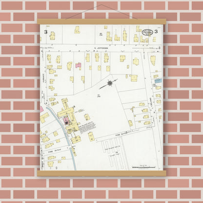 Old map wall art mockup — magnetic wood frame on brick wall — Sanborn Fire Insurance Map from Pulaski, Oswego County, New York (1925), Sheet #0003