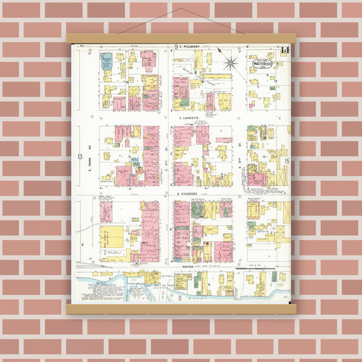 Old map wall art mockup — magnetic wood frame on brick wall — Sanborn Fire Insurance Map from Waterloo, Black Hawk County, Iowa (1900), Sheet #0014