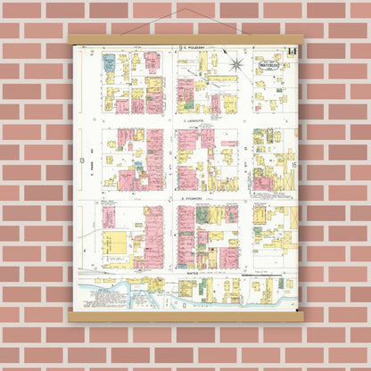 Old map wall art mockup — magnetic wood frame on brick wall — Sanborn Fire Insurance Map from Waterloo, Black Hawk County, Iowa (1900), Sheet #0014