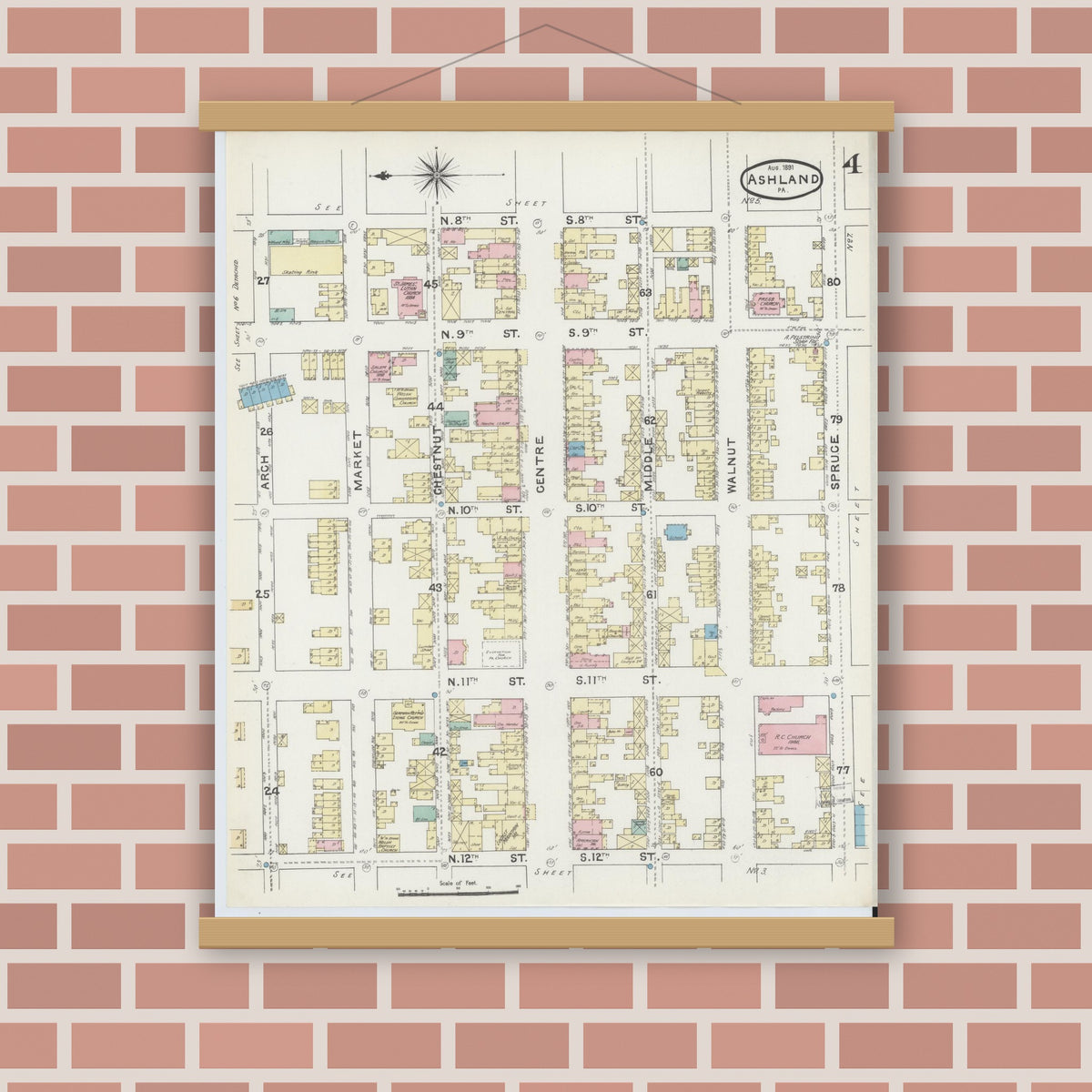 Old map wall art mockup — magnetic wood frame on brick wall — Sanborn Fire Insurance Map from Ashland, Schuylkill County, Pennsylvania (1891), Sheet #0004