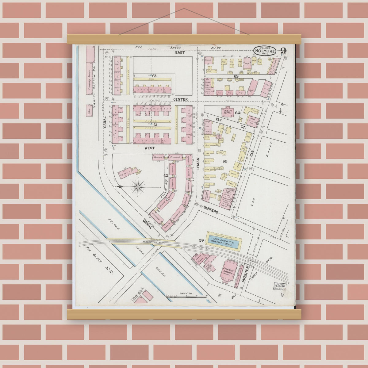 Old map wall art mockup — magnetic wood frame on brick wall — Sanborn Fire Insurance Map from Holyoke, Hampden County, Massachusetts (1889), Sheet #0009