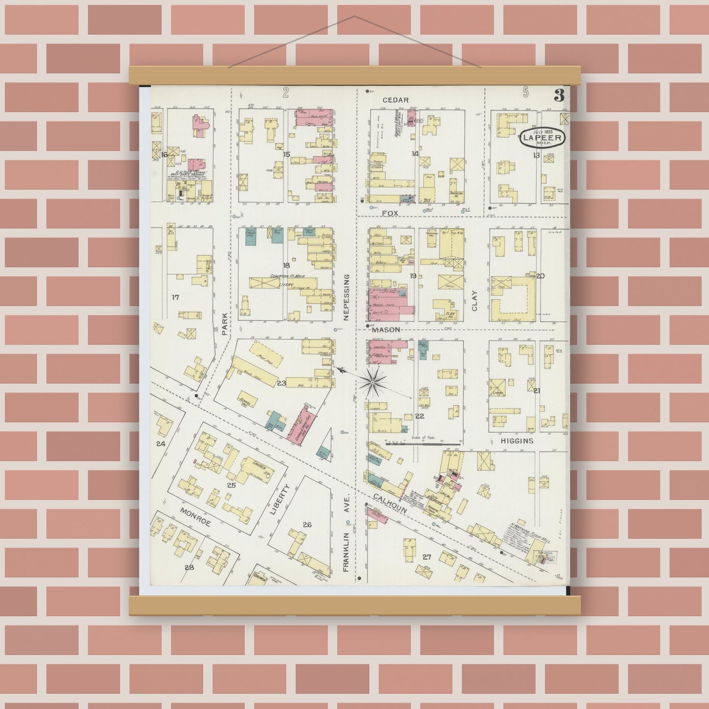 Old map wall art mockup — magnetic wood frame on brick wall — Sanborn Fire Insurance Map from Lapeer, Lapeer County, Michigan (1893), Sheet #0003