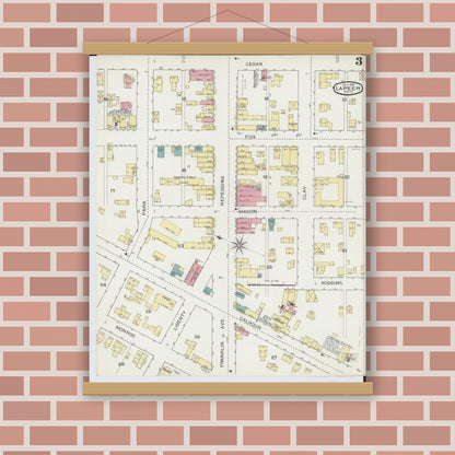 Old map wall art mockup — magnetic wood frame on brick wall — Sanborn Fire Insurance Map from Lapeer, Lapeer County, Michigan (1893), Sheet #0003