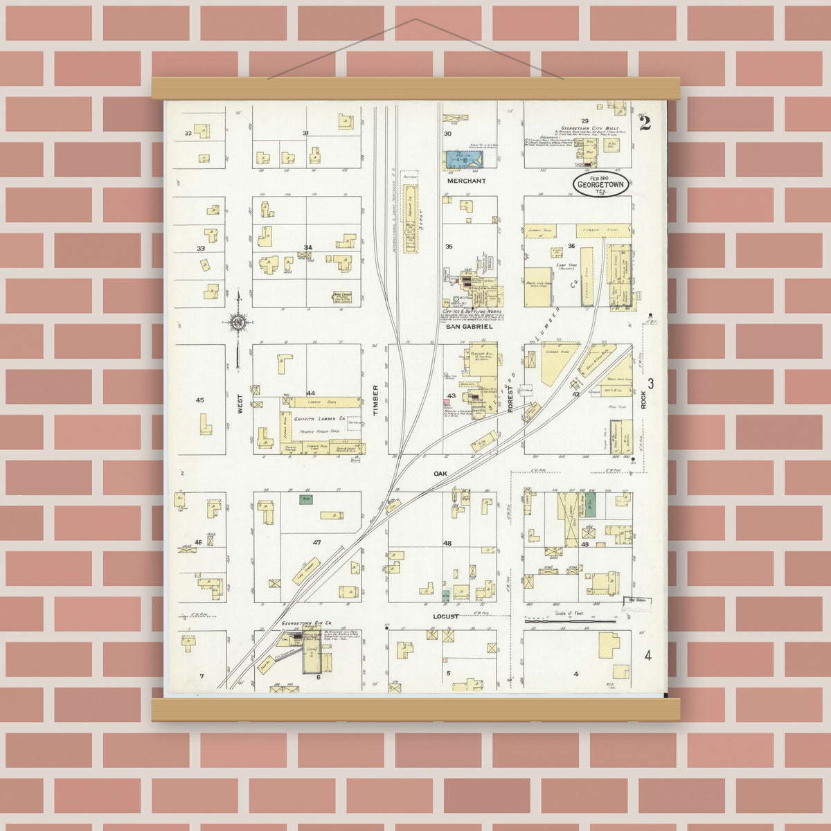 Old map wall art mockup — magnetic wood frame on brick wall — Sanborn Fire Insurance Map from Georgetown, Williamson County, Texas (1910), Sheet #0002