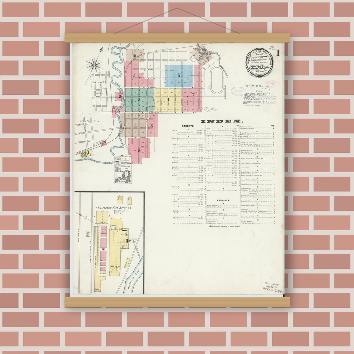 Old map wall art mockup — magnetic wood frame on brick wall — Sanborn Fire Insurance Map from Philipsburg, Centre County, Pennsylvania (1897) - Complete Map Set
