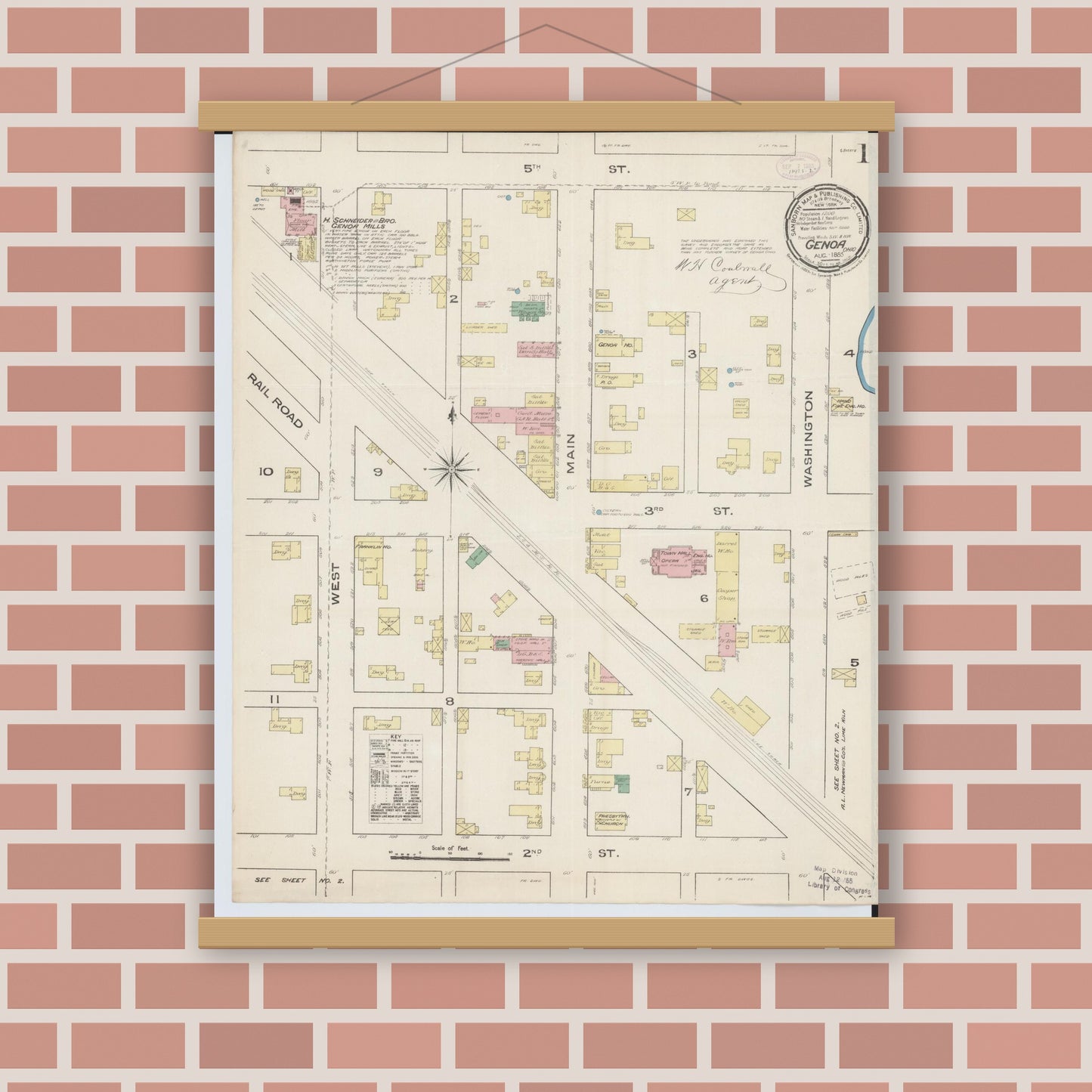 Old map wall art mockup — magnetic wood frame on brick wall — Sanborn Fire Insurance Map from Genoa, Ottawa County, Ohio (1885), Sheet #0001