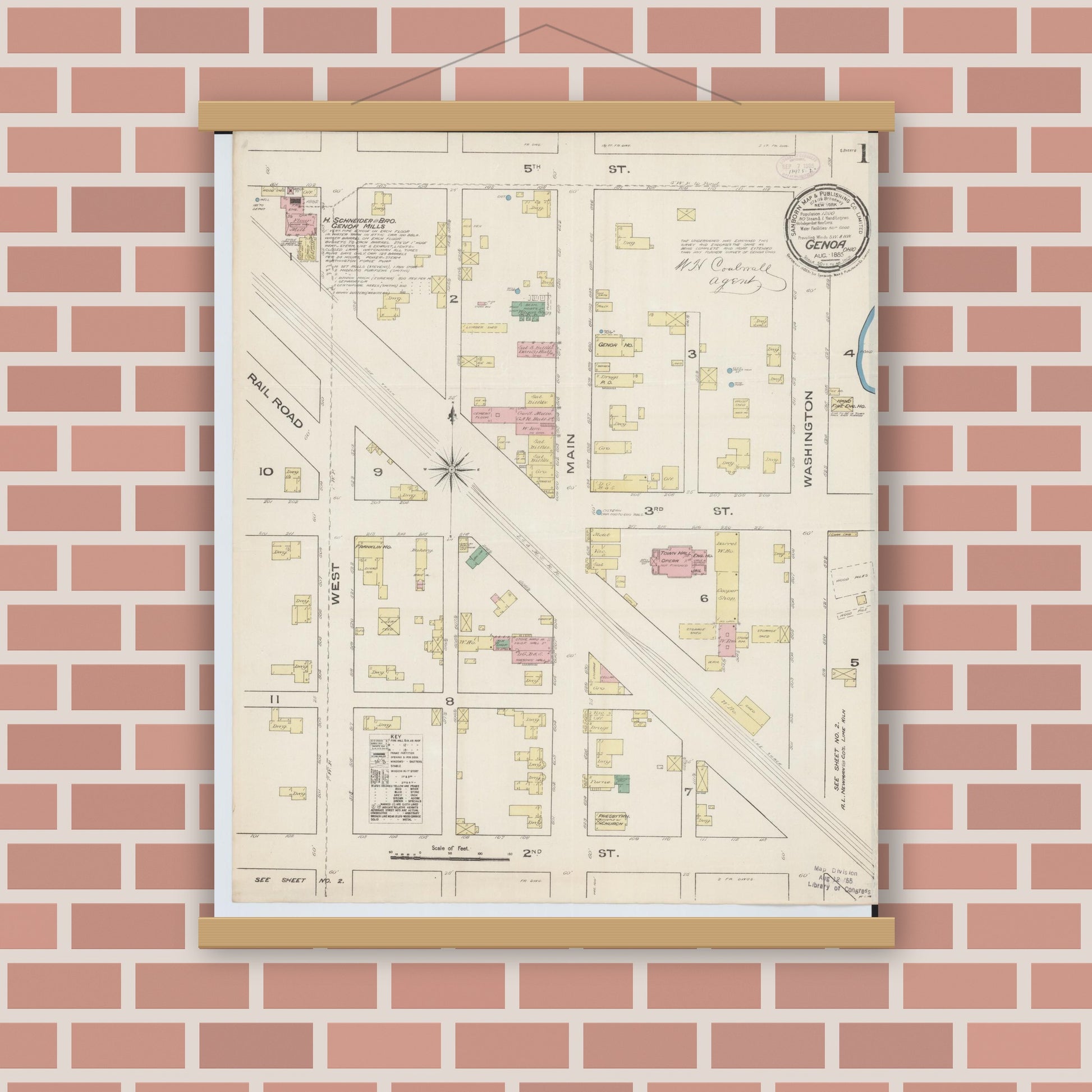 Old map wall art mockup — magnetic wood frame on brick wall — Sanborn Fire Insurance Map from Genoa, Ottawa County, Ohio (1885), Sheet #0001
