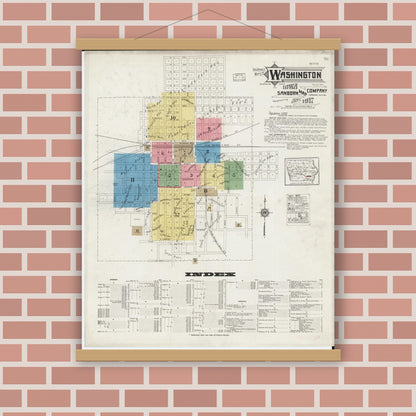 Old map wall art mockup — magnetic wood frame on brick wall — Sanborn Fire Insurance Map from Washington, Washington County, Iowa (1917), Sheet #0001