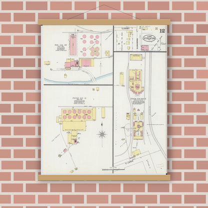 Old map wall art mockup — magnetic wood frame on brick wall — Sanborn Fire Insurance Map from Streator, La Salle County, Illinois (1898), Sheet #0012