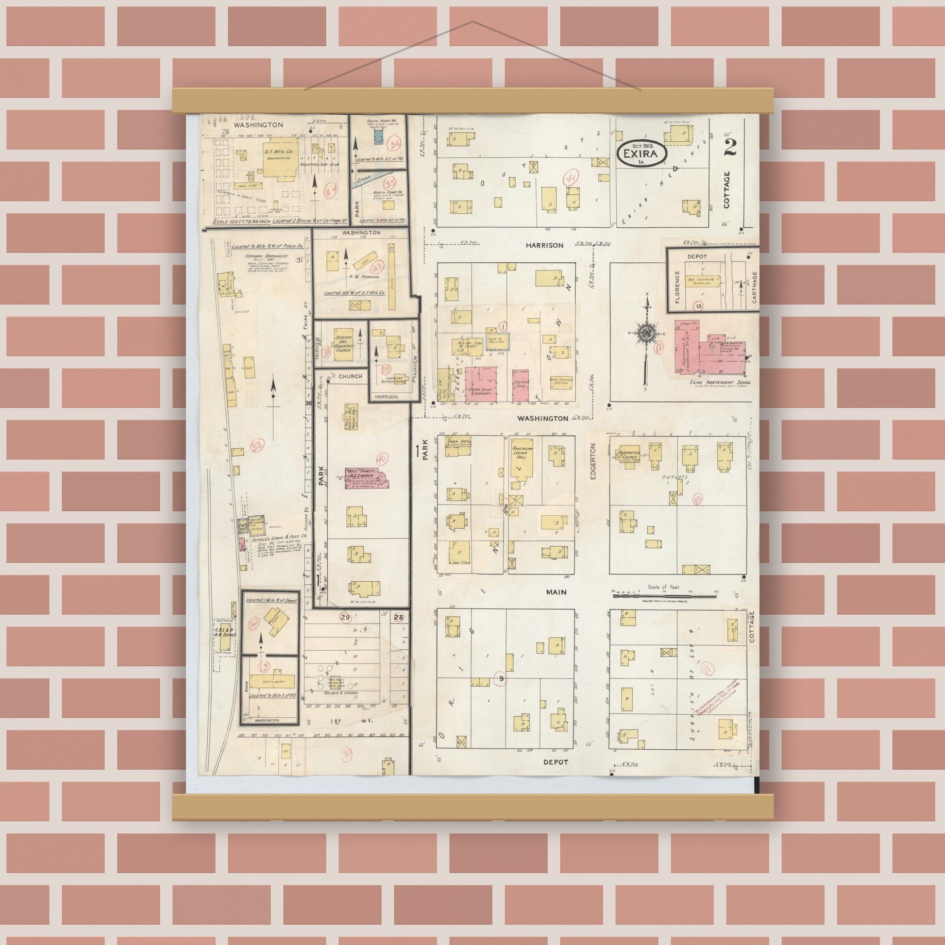 Old map wall art mockup — magnetic wood frame on brick wall — Sanborn Fire Insurance Map from Exira, Audubon County, Iowa (1932), Sheet #0002