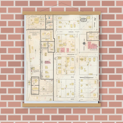 Old map wall art mockup — magnetic wood frame on brick wall — Sanborn Fire Insurance Map from Exira, Audubon County, Iowa (1932), Sheet #0002