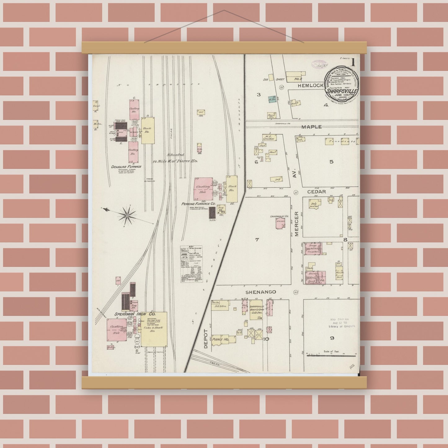 Old map wall art mockup — magnetic wood frame on brick wall — Sanborn Fire Insurance Map from Sharpsville, Mercer County, Pennsylvania (1886), Sheet #0001