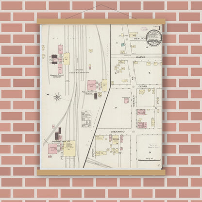 Old map wall art mockup — magnetic wood frame on brick wall — Sanborn Fire Insurance Map from Sharpsville, Mercer County, Pennsylvania (1886), Sheet #0001