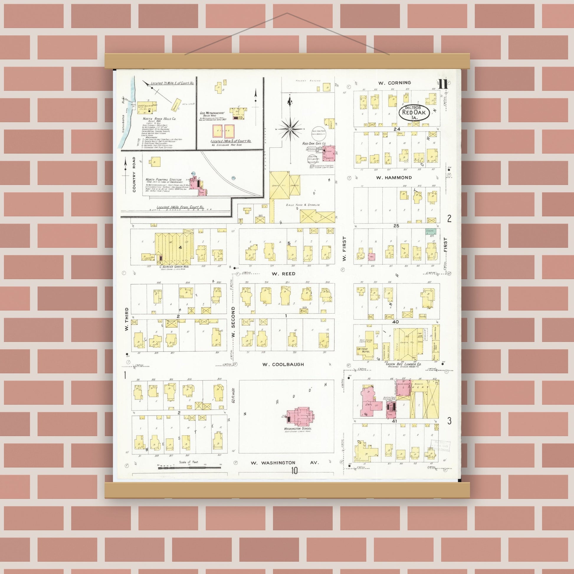 Old map wall art mockup — magnetic wood frame on brick wall — Sanborn Fire Insurance Map from Red Oak, Montgomery County, Iowa (1908), Sheet #0011