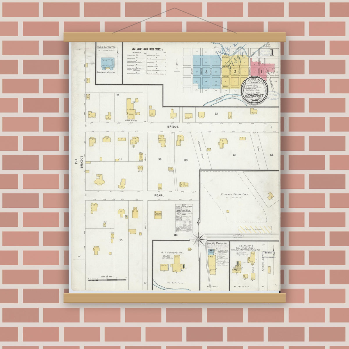 Old map wall art mockup — magnetic wood frame on brick wall — Sanborn Fire Insurance Map from Granbury, Hood County, Texas (1898) - Complete Map Set