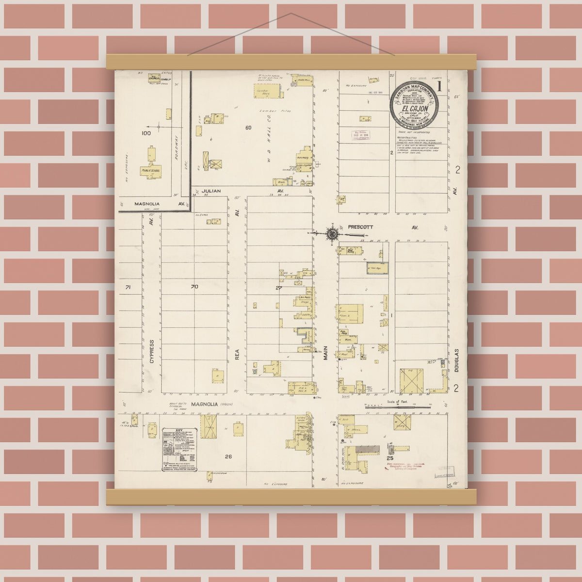 Old map wall art mockup — magnetic wood frame on brick wall — Sanborn Fire Insurance Map from El Cajon, San Diego County, California (1911) - Complete Map Set