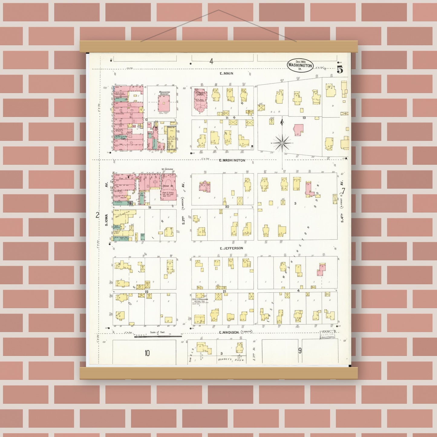 Old map wall art mockup — magnetic wood frame on brick wall — Sanborn Fire Insurance Map from Washington, Washington County, Iowa (1902), Sheet #0005