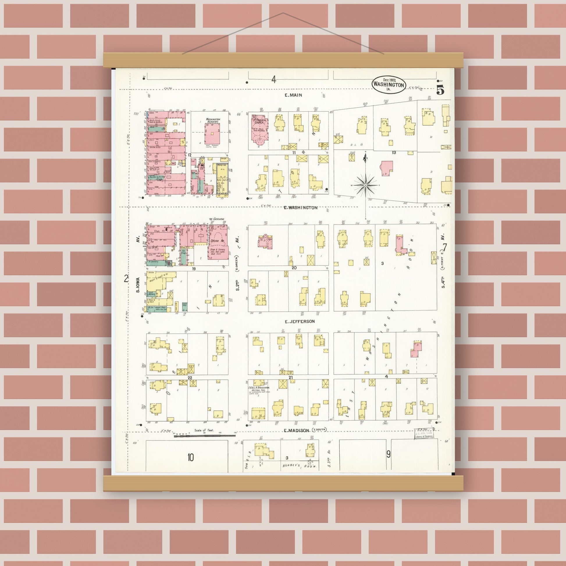 Old map wall art mockup — magnetic wood frame on brick wall — Sanborn Fire Insurance Map from Washington, Washington County, Iowa (1902), Sheet #0005