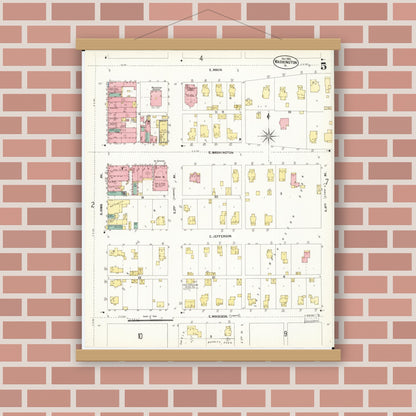 Old map wall art mockup — magnetic wood frame on brick wall — Sanborn Fire Insurance Map from Washington, Washington County, Iowa (1902), Sheet #0005