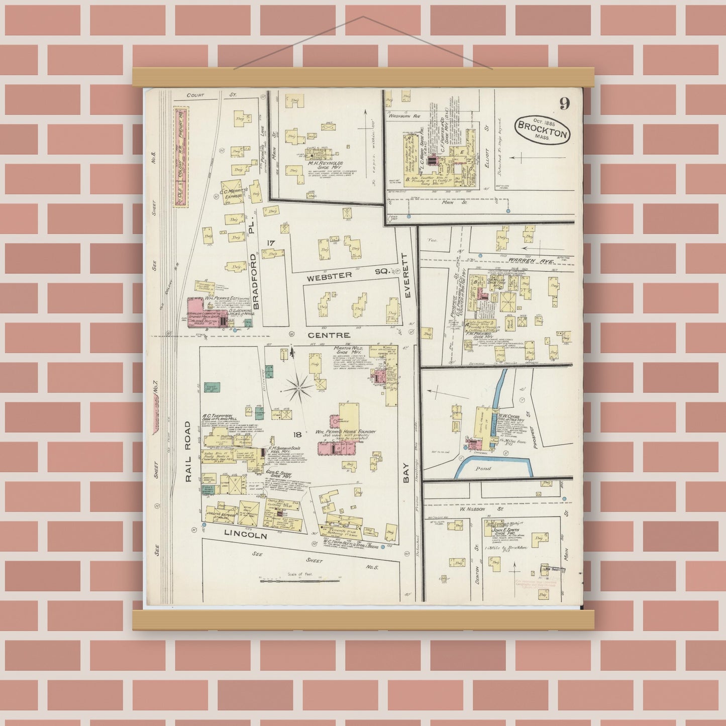 Old map wall art mockup — magnetic wood frame on brick wall — Sanborn Fire Insurance Map from Brockton, Plymouth County, Massachusetts (1885), Sheet #0009