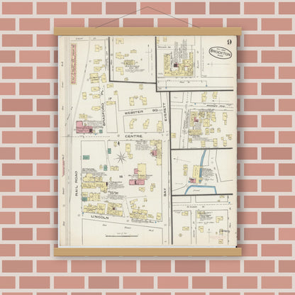 Old map wall art mockup — magnetic wood frame on brick wall — Sanborn Fire Insurance Map from Brockton, Plymouth County, Massachusetts (1885), Sheet #0009