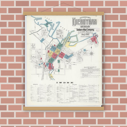 Old map wall art mockup — magnetic wood frame on brick wall — Sanborn Fire Insurance Map from Cheboygan, Cheboygan County, Michigan (1907), Sheet #0001