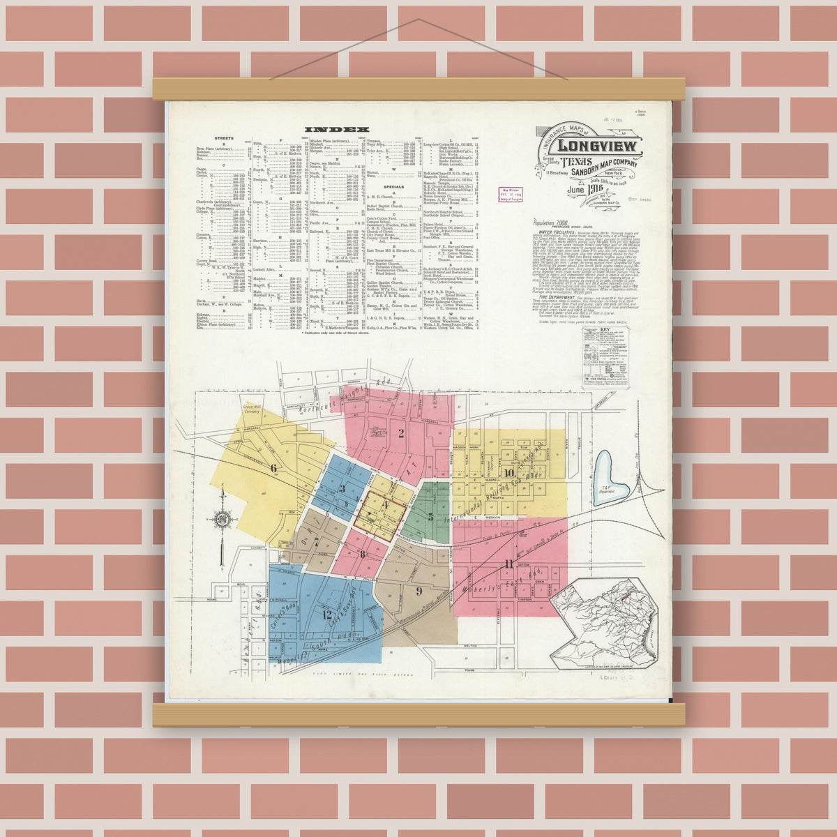 Old map wall art mockup — magnetic wood frame on brick wall — Sanborn Fire Insurance Map from Longview, Gregg County, Texas (1916), Sheet #0001
