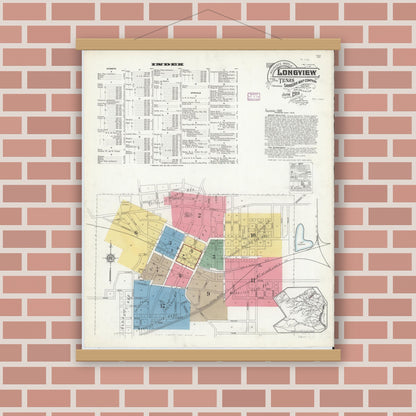 Old map wall art mockup — magnetic wood frame on brick wall — Sanborn Fire Insurance Map from Longview, Gregg County, Texas (1916), Sheet #0001