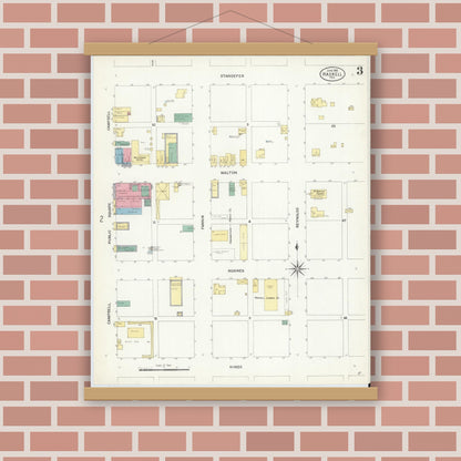 Old map wall art mockup — magnetic wood frame on brick wall — Sanborn Fire Insurance Map from Haskell, Haskell County, Texas (1908), Sheet #0003