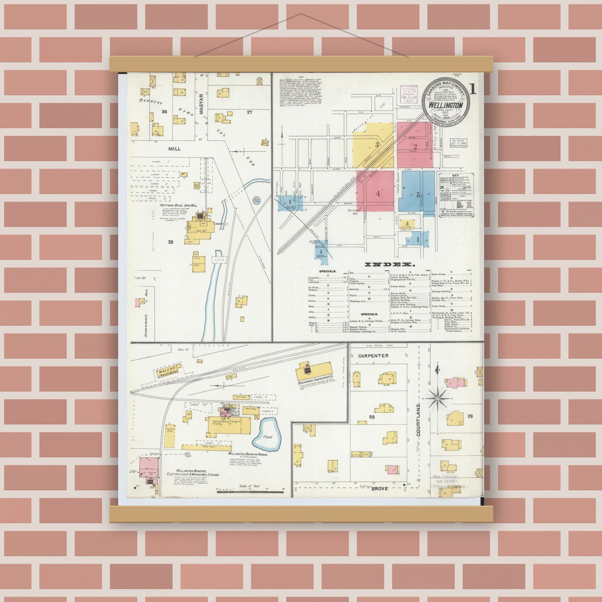 Old map wall art mockup — magnetic wood frame on brick wall — Sanborn Fire Insurance Map from Wellington, Lorain County, Ohio (1904) - Complete Map Set
