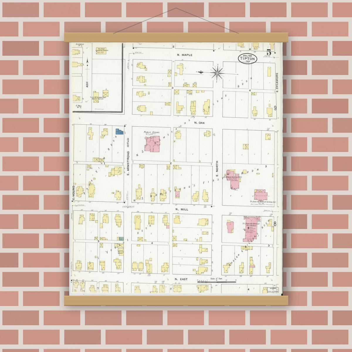 Old map wall art mockup — magnetic wood frame on brick wall — Sanborn Fire Insurance Map from Tipton, Tipton County, Indiana (1909), Sheet #0005