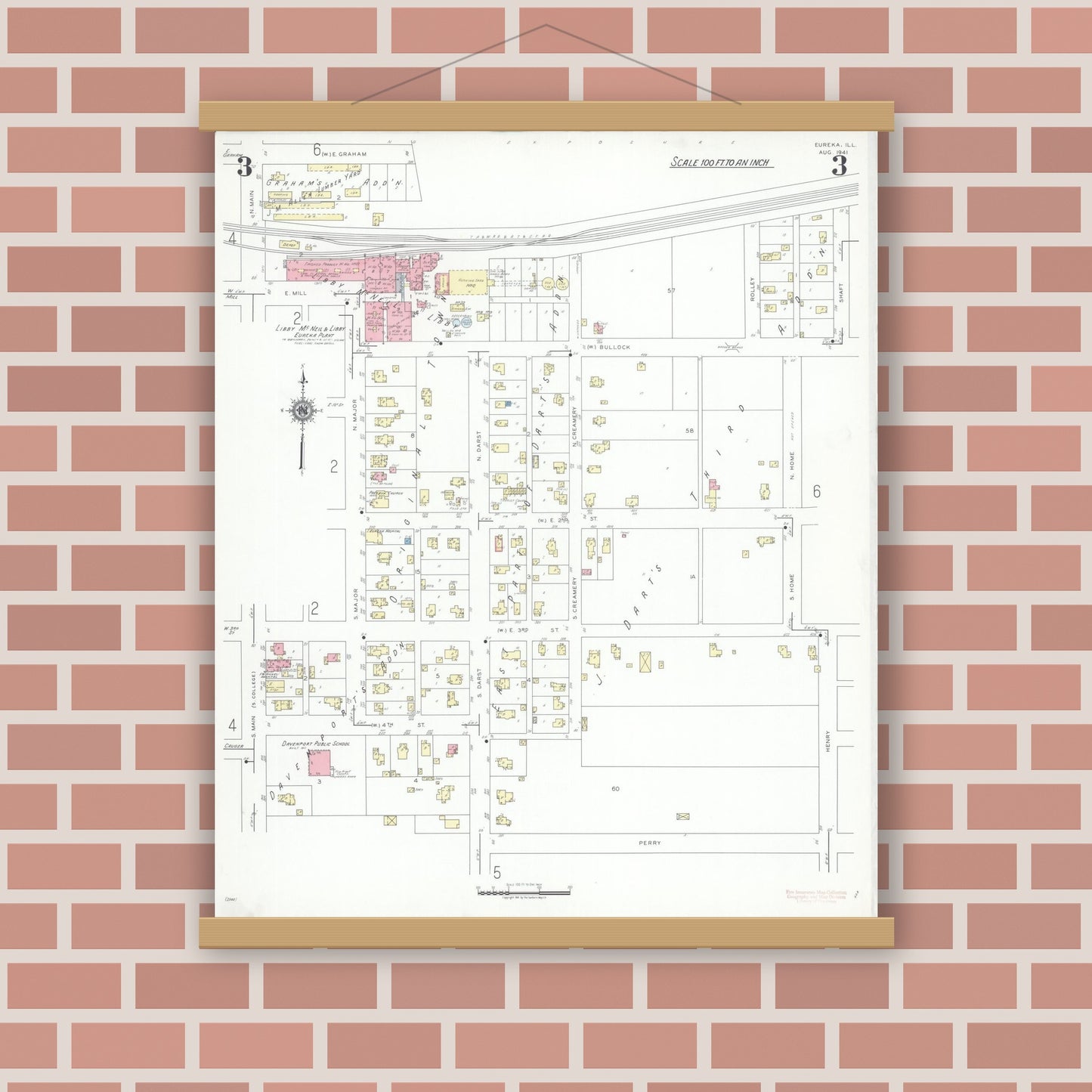 Old map wall art mockup — magnetic wood frame on brick wall — Sanborn Fire Insurance Map from Eureka, Woodford County, Illinois (1941), Sheet #0003