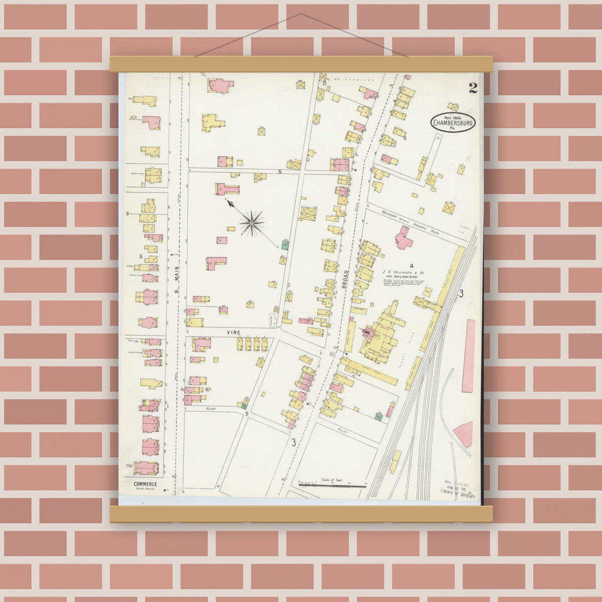 Old map wall art mockup — magnetic wood frame on brick wall — Sanborn Fire Insurance Map from Chambersburg, Franklin County, Pennsylvania (1904), Sheet #0002