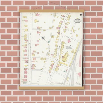 Old map wall art mockup — magnetic wood frame on brick wall — Sanborn Fire Insurance Map from Chambersburg, Franklin County, Pennsylvania (1904), Sheet #0002