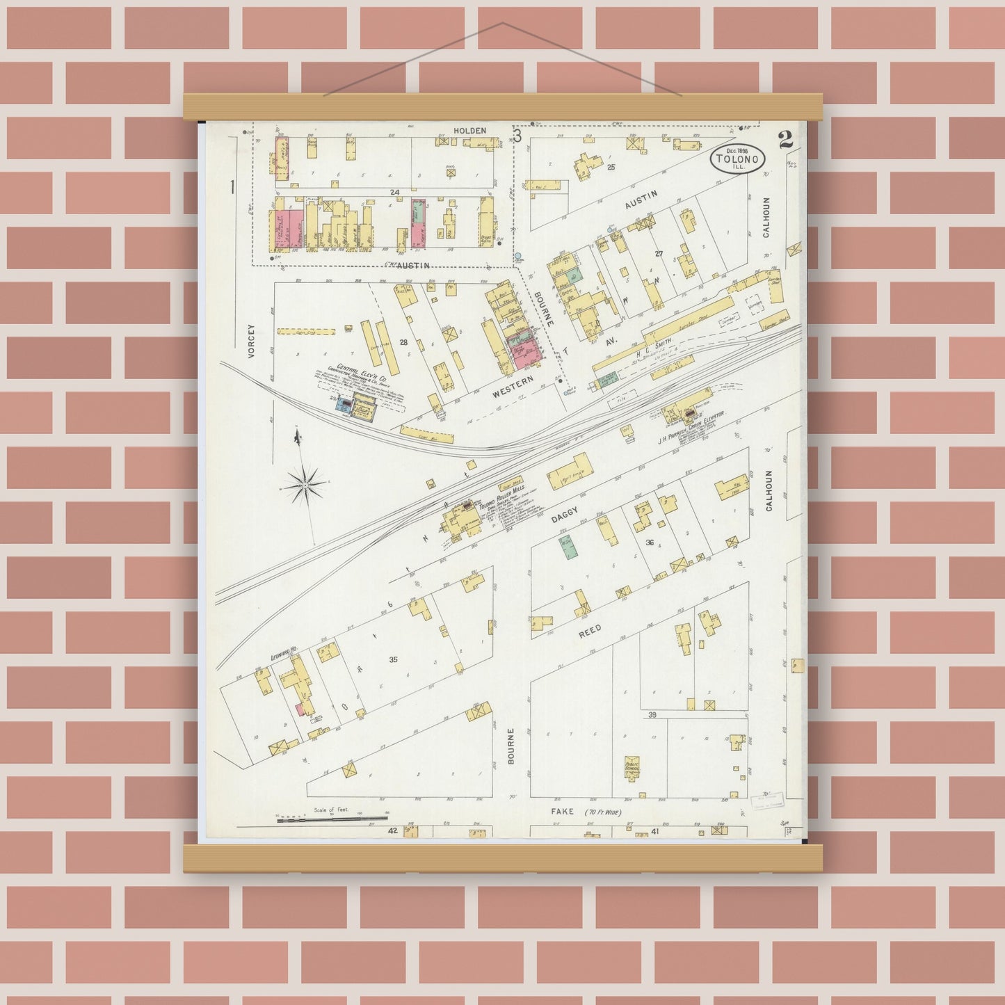 Old map wall art mockup — magnetic wood frame on brick wall — Sanborn Fire Insurance Map from Tolono, Champaign County, Illinois (1898), Sheet #0002