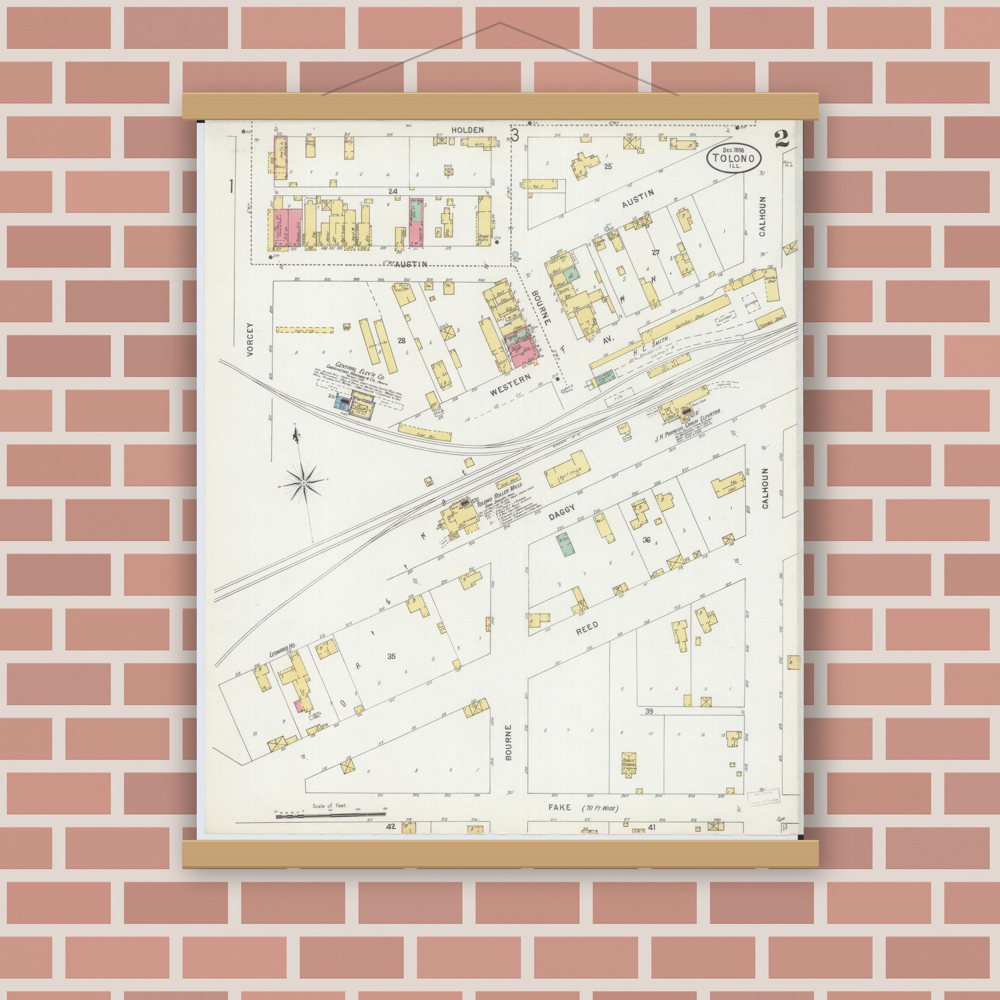 Old map wall art mockup — magnetic wood frame on brick wall — Sanborn Fire Insurance Map from Tolono, Champaign County, Illinois (1898), Sheet #0002