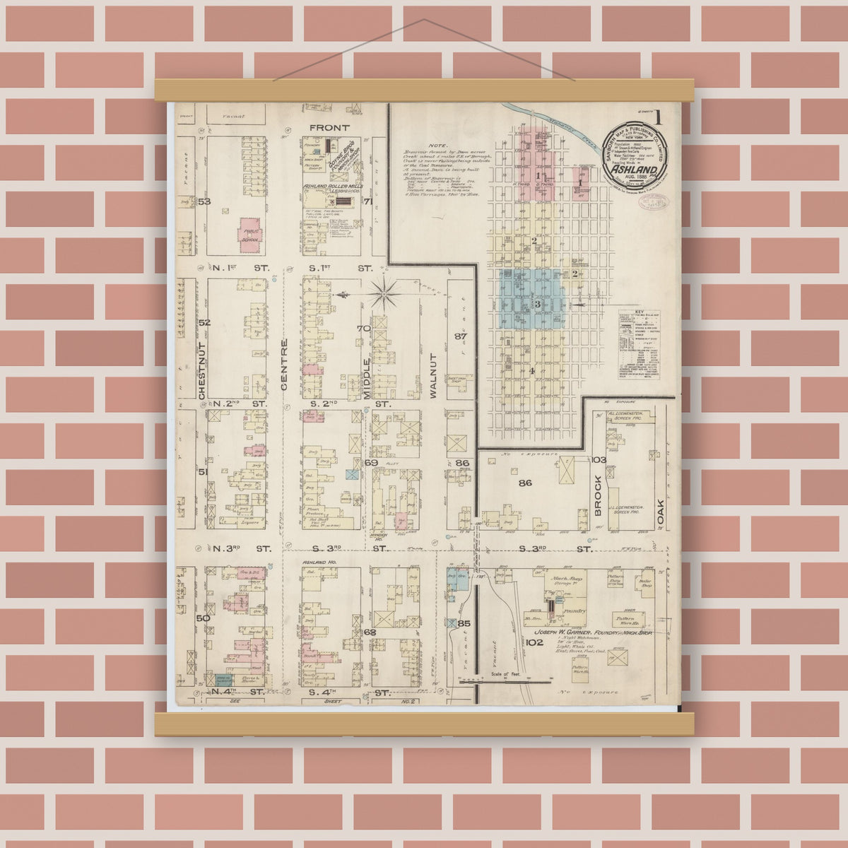 Old map wall art mockup — magnetic wood frame on brick wall — Sanborn Fire Insurance Map from Ashland, Schuylkill County, Pennsylvania (1885), Sheet #0001