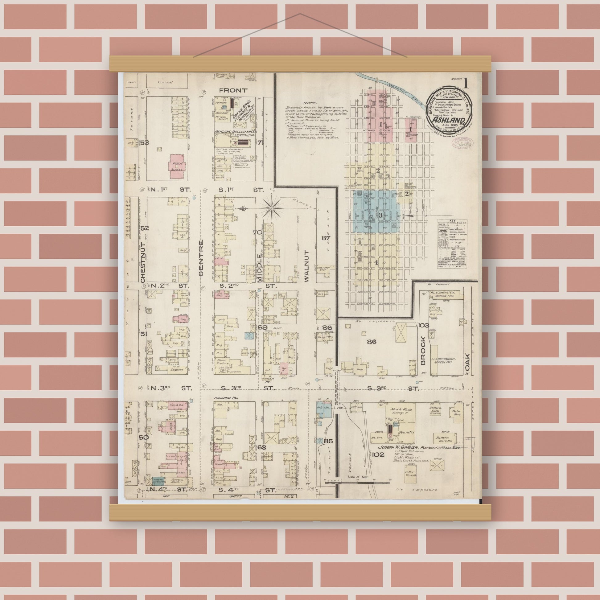 Old map wall art mockup — magnetic wood frame on brick wall — Sanborn Fire Insurance Map from Ashland, Schuylkill County, Pennsylvania (1885), Sheet #0001