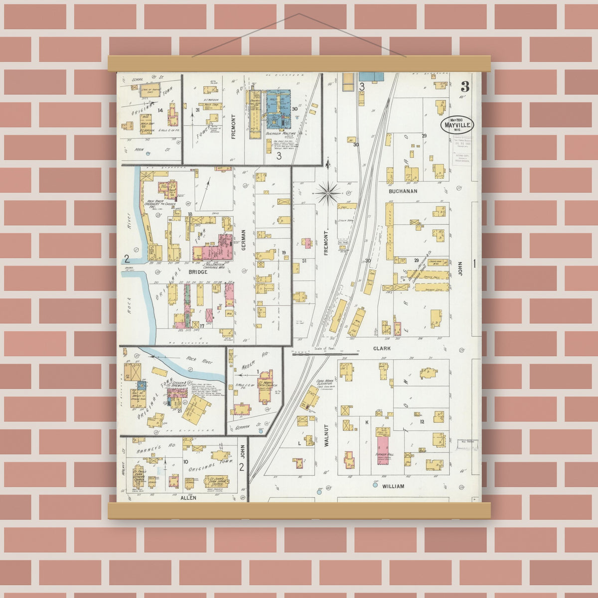 Old map wall art mockup — magnetic wood frame on brick wall — Sanborn Fire Insurance Map from Mayville, Dodge County, Wisconsin (1900), Sheet #0003