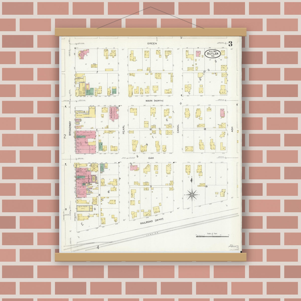 Old map wall art mockup — magnetic wood frame on brick wall — Sanborn Fire Insurance Map from Butler, De Kalb County, Indiana (1907), Sheet #0003