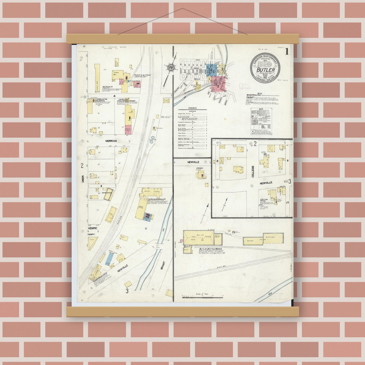 Old map wall art mockup — magnetic wood frame on brick wall — Sanborn Fire Insurance Map from Butler, Richland County, Ohio (1912) - Complete Map Set