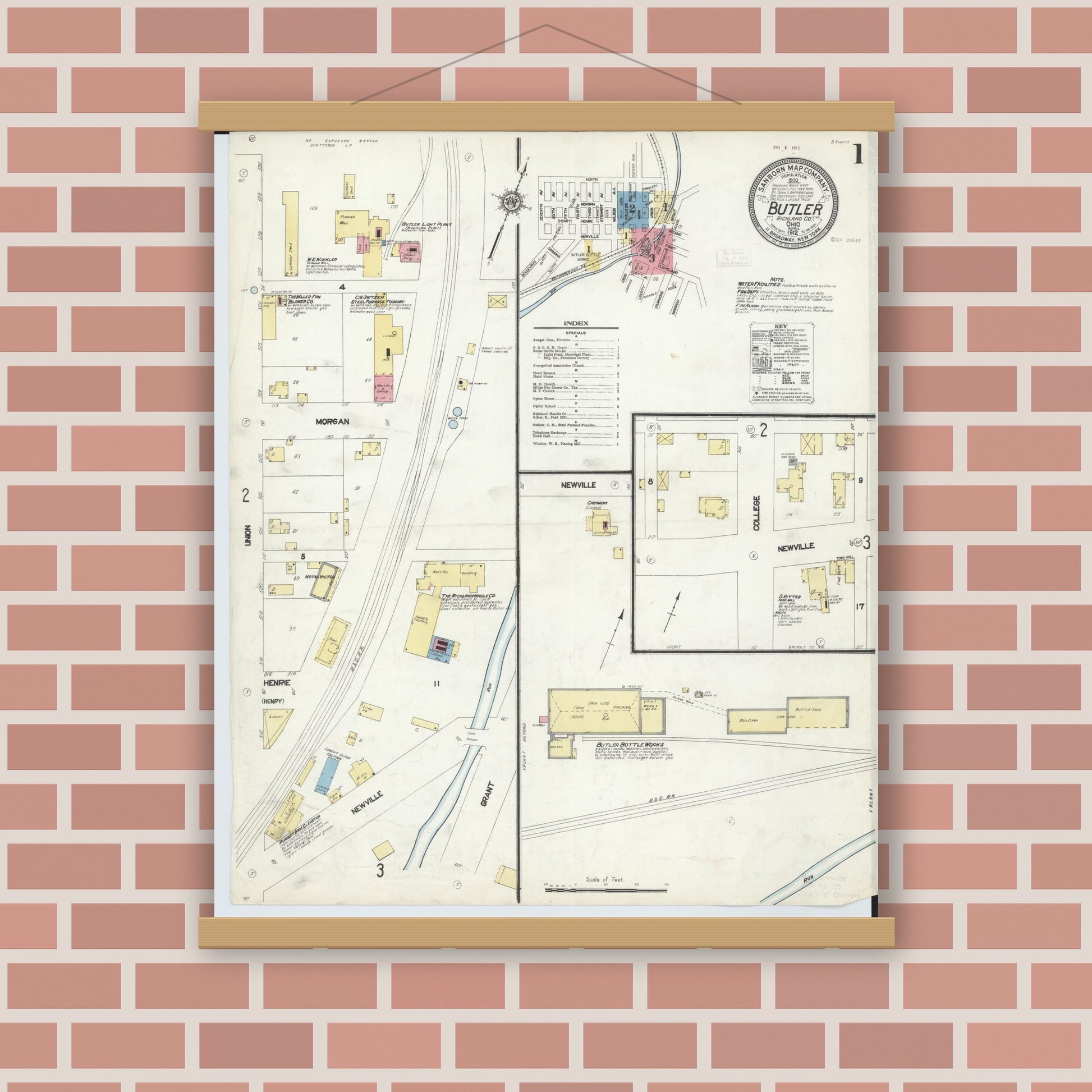 Old map wall art mockup — magnetic wood frame on brick wall — Sanborn Fire Insurance Map from Butler, Richland County, Ohio (1912) - Complete Map Set