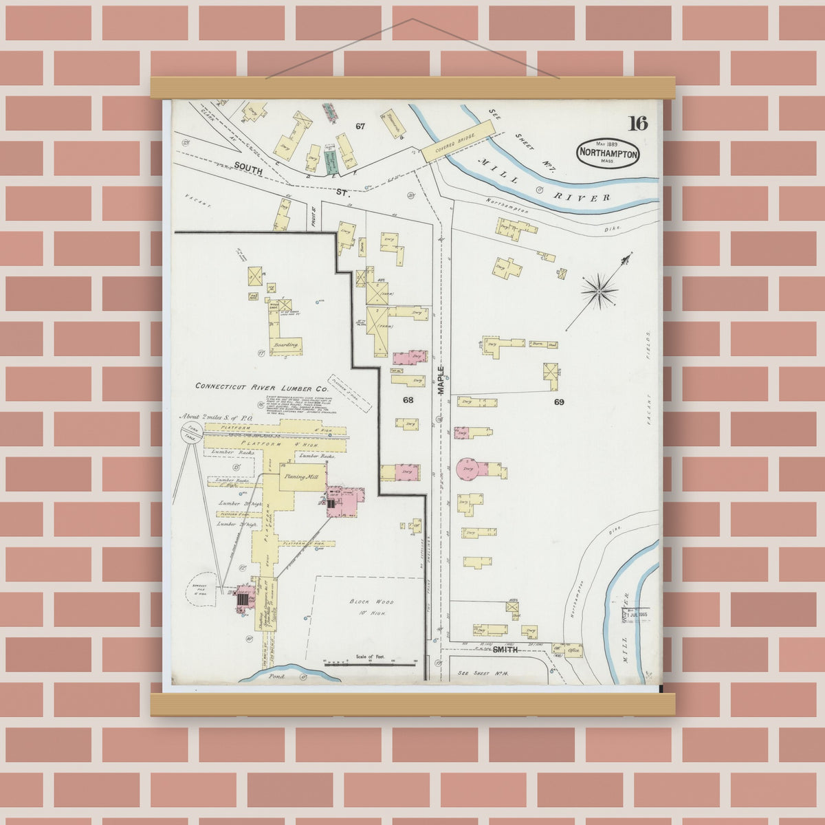 Old map wall art mockup — magnetic wood frame on brick wall — Sanborn Fire Insurance Map from Northampton, Hampshire County, Massachusetts (1889), Sheet #0016