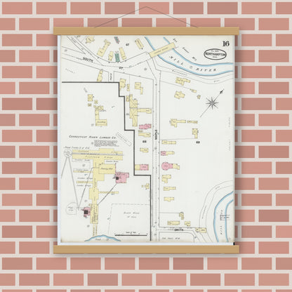 Old map wall art mockup — magnetic wood frame on brick wall — Sanborn Fire Insurance Map from Northampton, Hampshire County, Massachusetts (1889), Sheet #0016