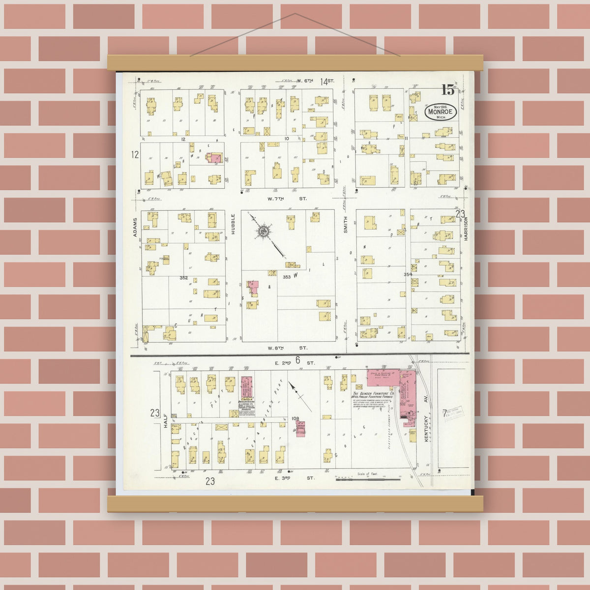 Old map wall art mockup — magnetic wood frame on brick wall — Sanborn Fire Insurance Map from Monroe, Monroe County, Michigan (1916), Sheet #0015