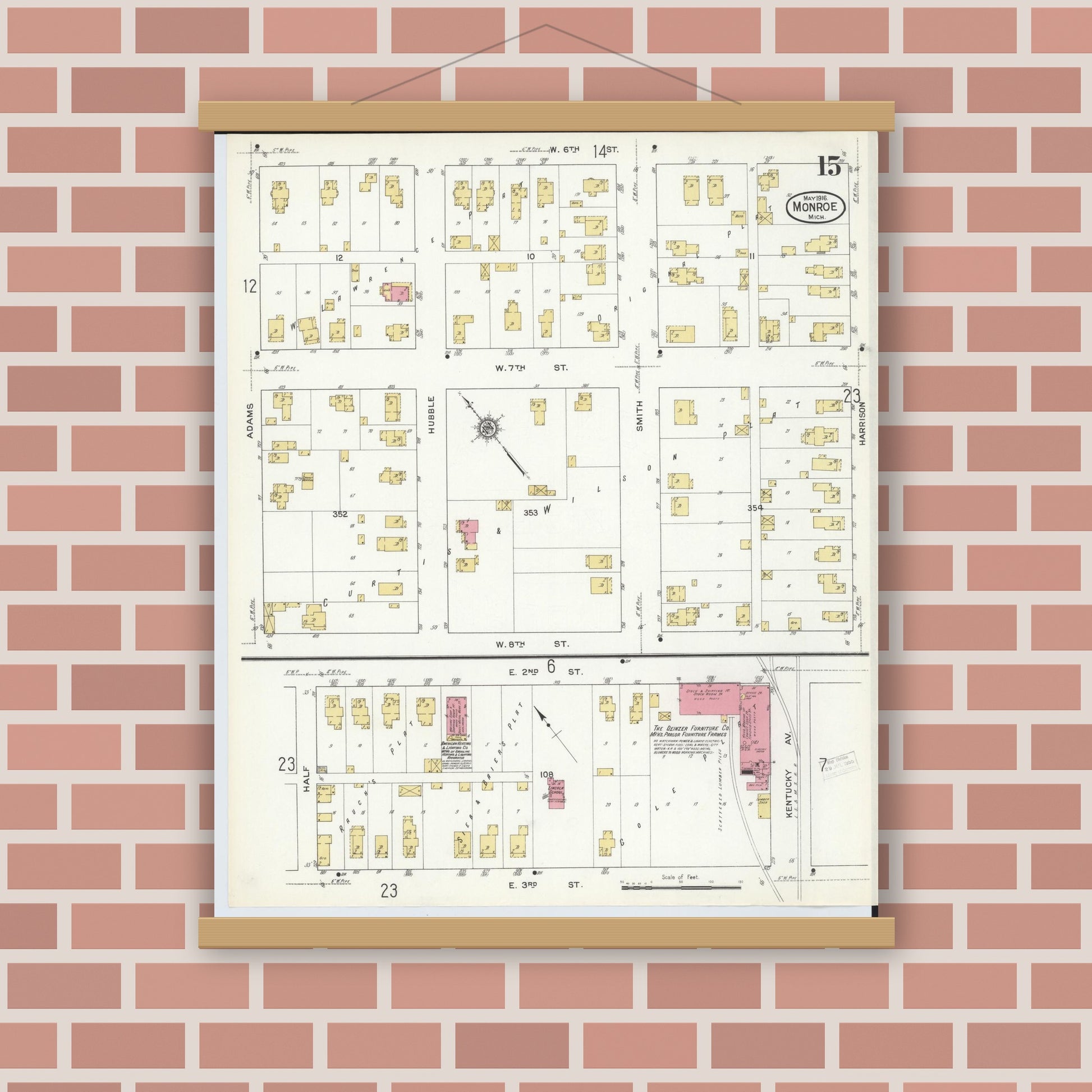 Old map wall art mockup — magnetic wood frame on brick wall — Sanborn Fire Insurance Map from Monroe, Monroe County, Michigan (1916), Sheet #0015