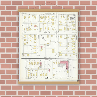 Old map wall art mockup — magnetic wood frame on brick wall — Sanborn Fire Insurance Map from Monroe, Monroe County, Michigan (1916), Sheet #0015