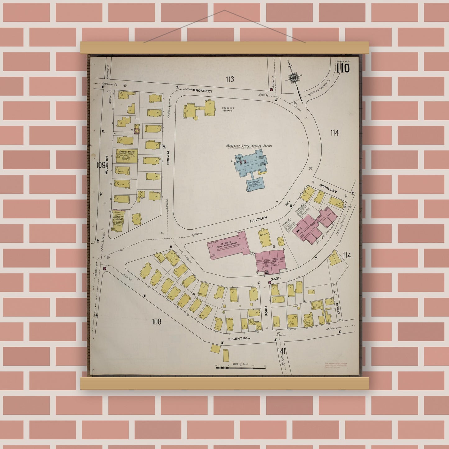 Old map wall art mockup — magnetic wood frame on brick wall — Sanborn Fire Insurance Map from Worcester, Worcester County, Massachusetts (1910), Sheet #0110